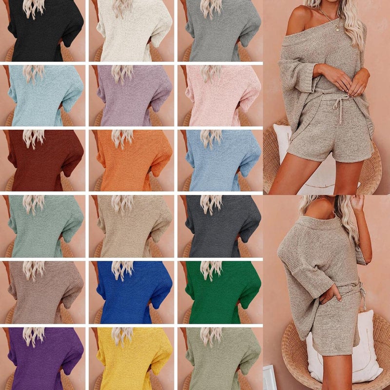 Ermonn Womens 2 Piece Outfits Sweater Sets Off Shoulder Knit Tops Waist Short Suits Casual Pajama Set Romper Jumpsuits Beige - Image 5